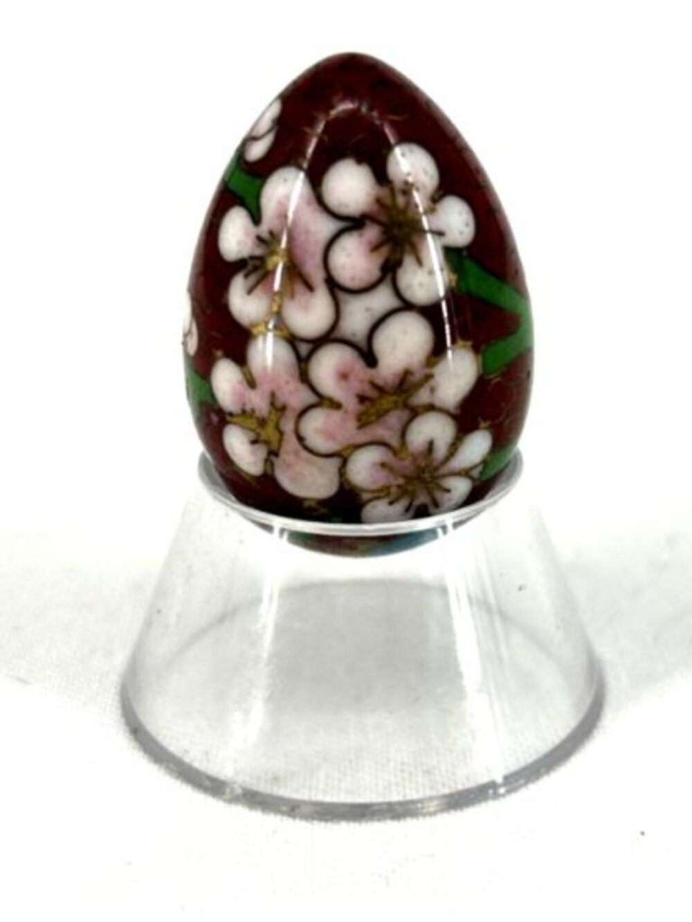 Cloisonne Miniature Egg and Stand Dogwood Flowers 1.5" Tall Vtg